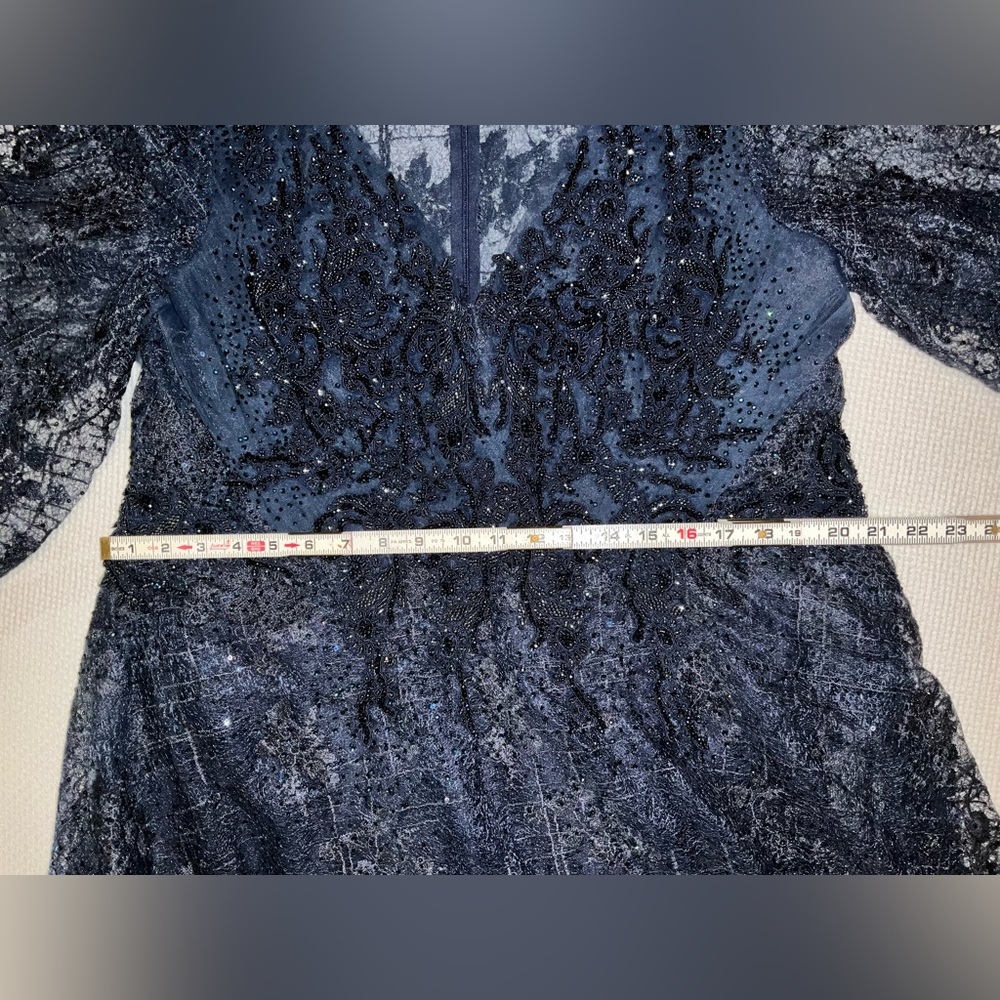 Mac Duggal Navy Blue Beaded Lace Maxi Gown - Picture 6 of 15